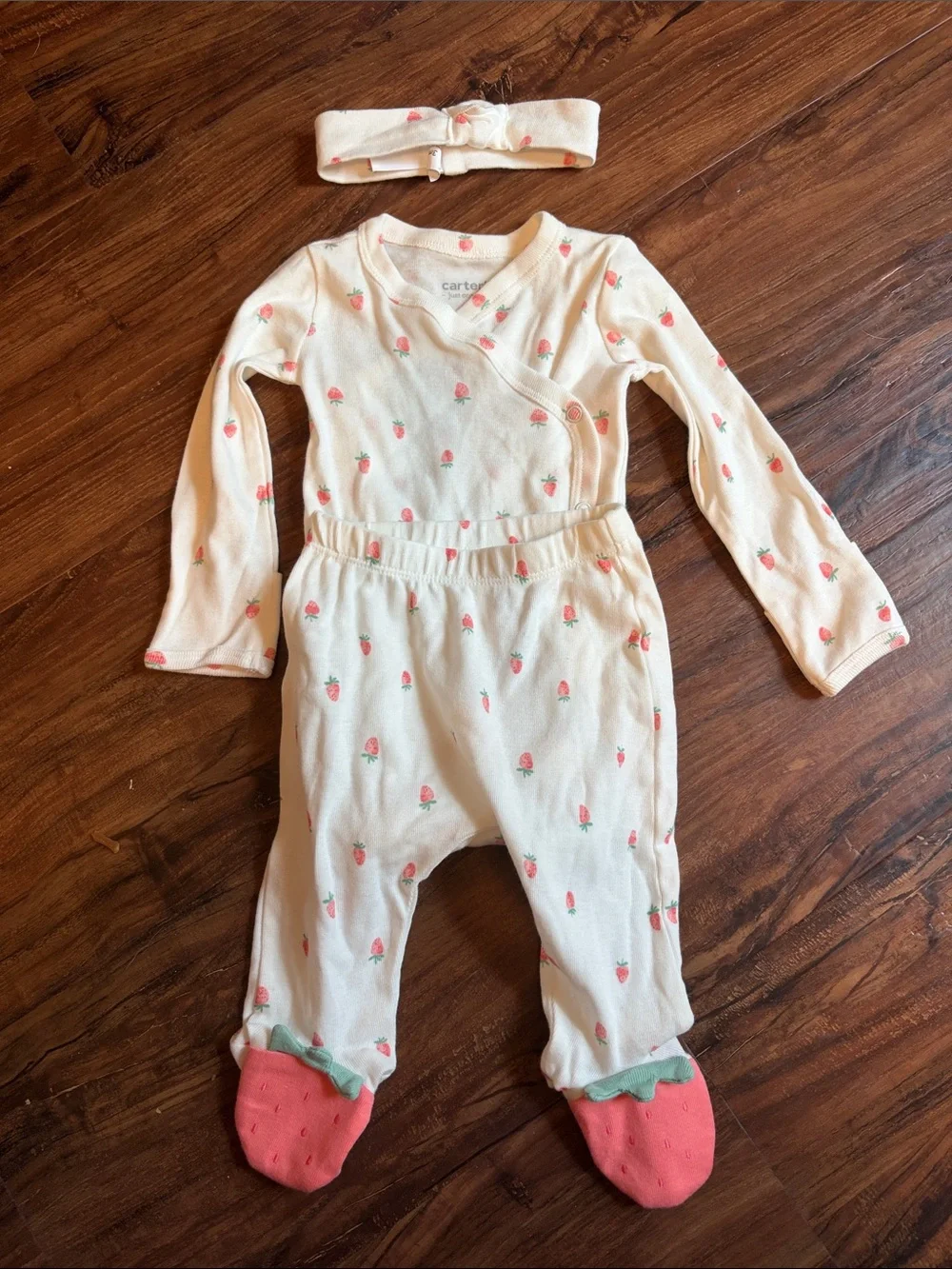 Carter's Cream Strawberry Print Footed One-Piece with Headband